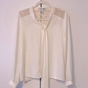 Cream chiffon metallic crochet yoke blouse